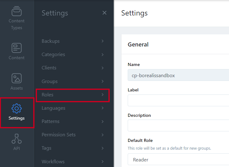 Settings tab in left navigation with Roles selected in secondary navigation.