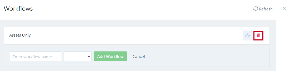 Workflow delete button (trash can icon).