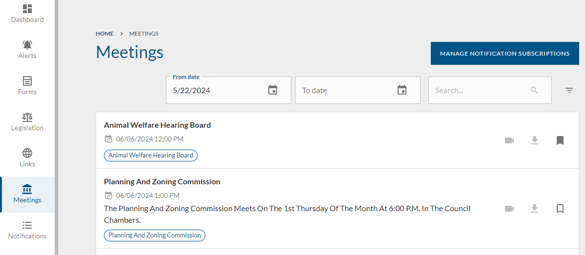 Meetings tab in CivicPlus Portal.