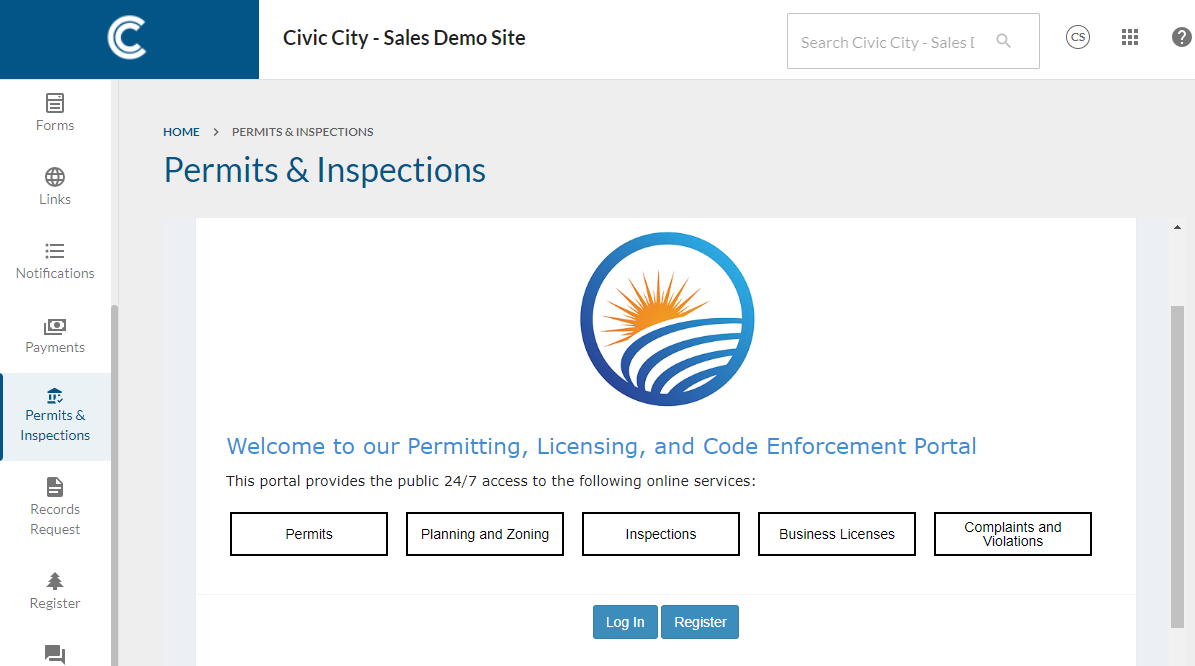 Permits and Inspections tab on CivicPlus Portal with Community Development embed.