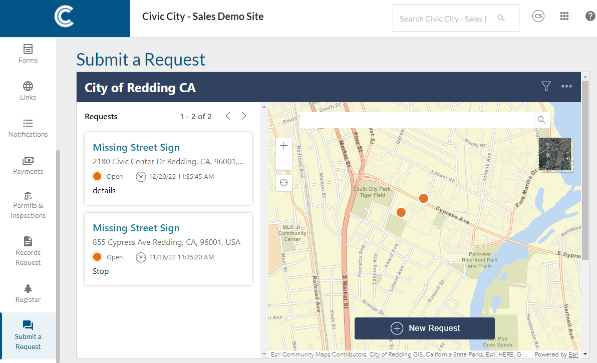 Submit a Request tab on CivicPlus Portal with a map of requests in the community.