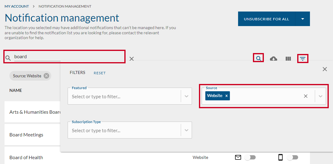 Notifications Filters options and Search bar.
