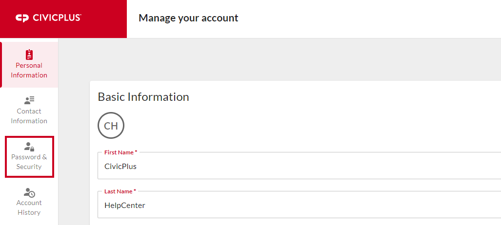 Password and Security tab in left navigation menu.