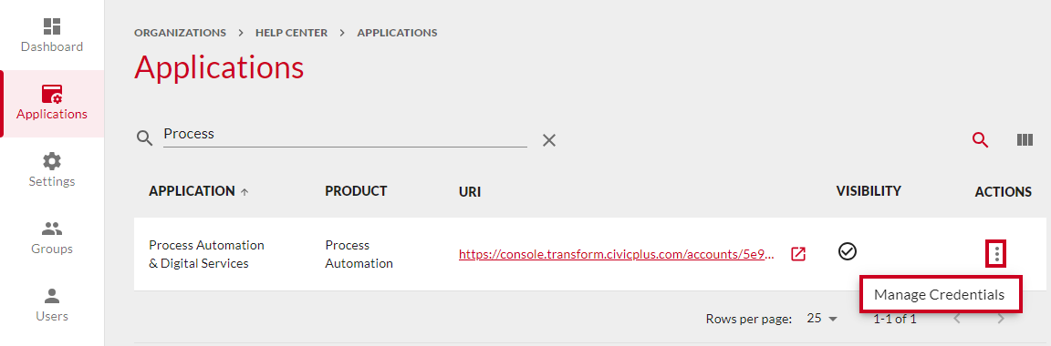 Organizations Applications Manage Credentials.