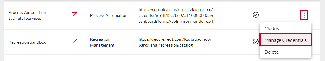 Manage Credentials option in Actions drop-down.