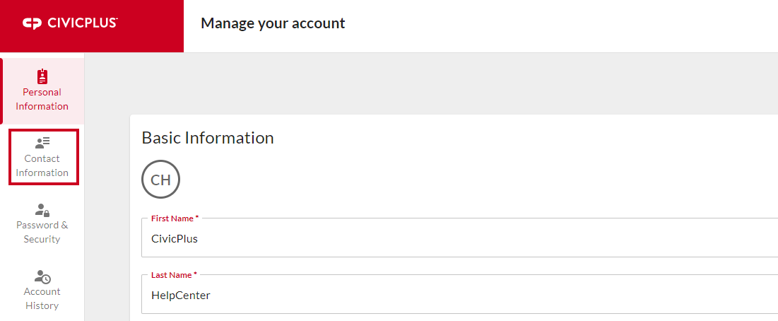 Account Service Contact Information tab.