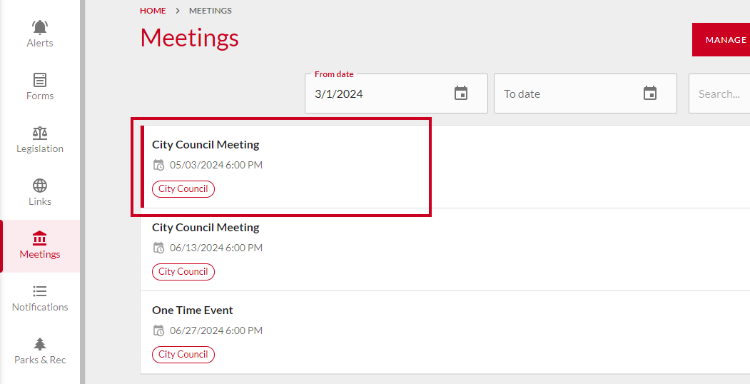 Featured Event on Meetings tab.