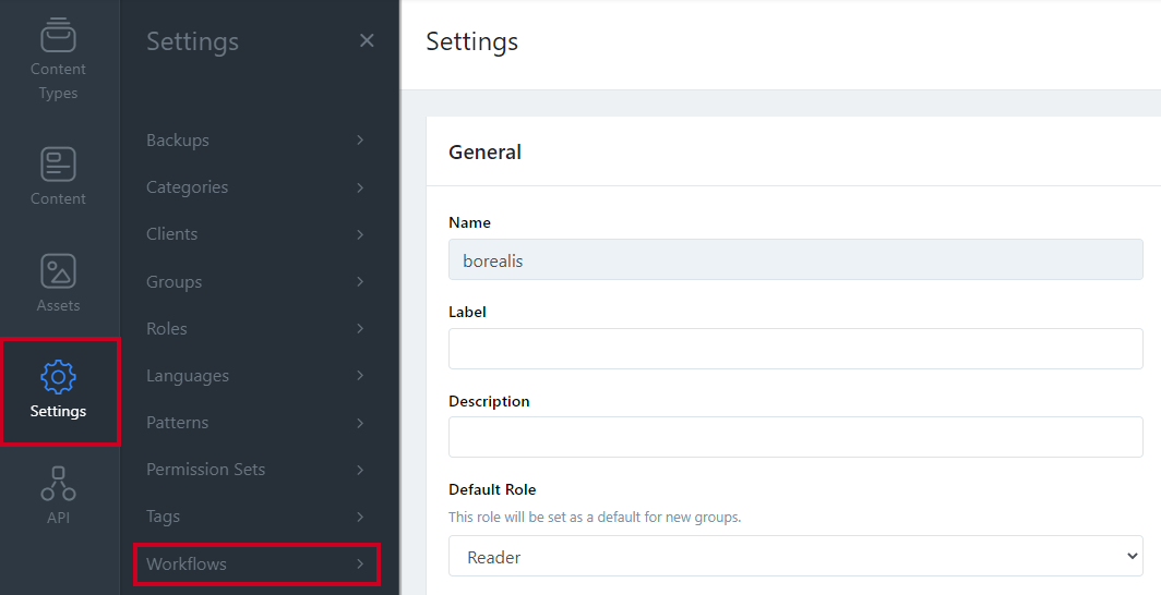 Settings, Workflows.