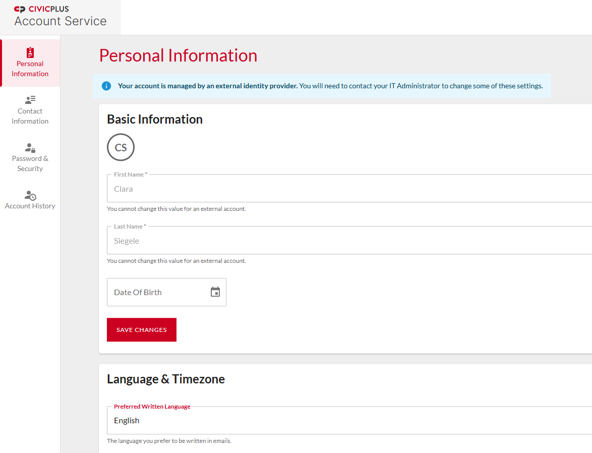 Account Service Personal Information tab.