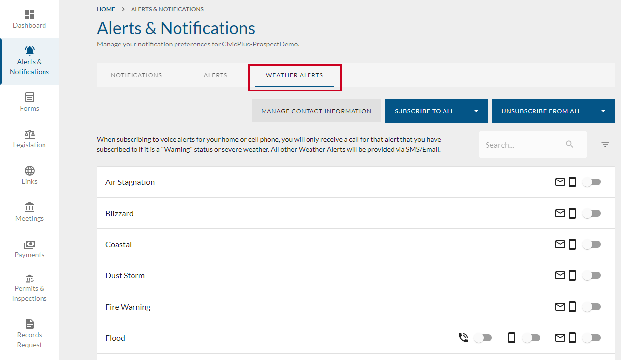 Weather alerts tab.