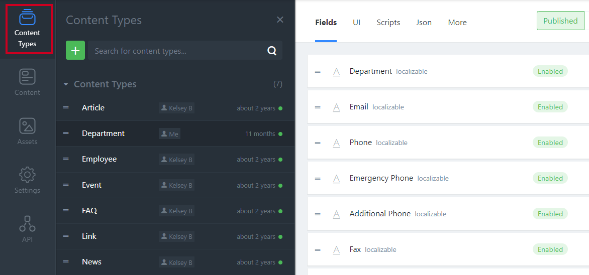HCMS Content Types page.