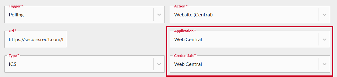 Application and Credentials fields.