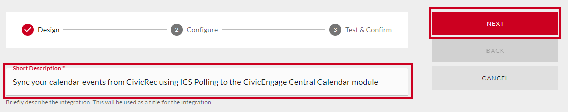 Short Description field and Next button.