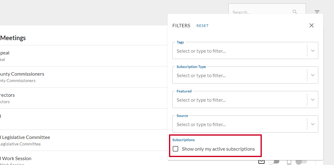 Active subscriptions checkbox.