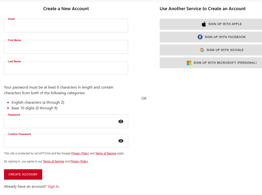 Create account fields.