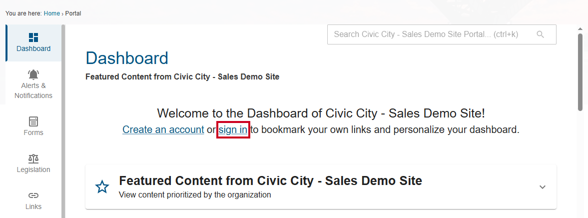 Sign in link on Portal Dashboard.