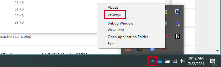 Windows tray, settings.