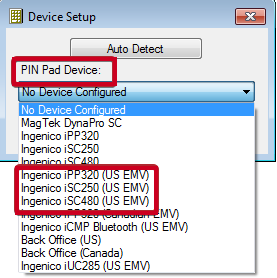 PIN Pad Device drop-down.