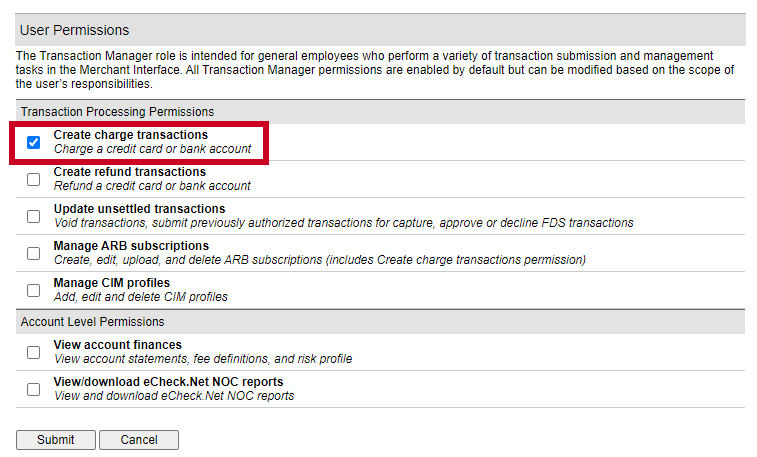 Charge Transaction Permissions