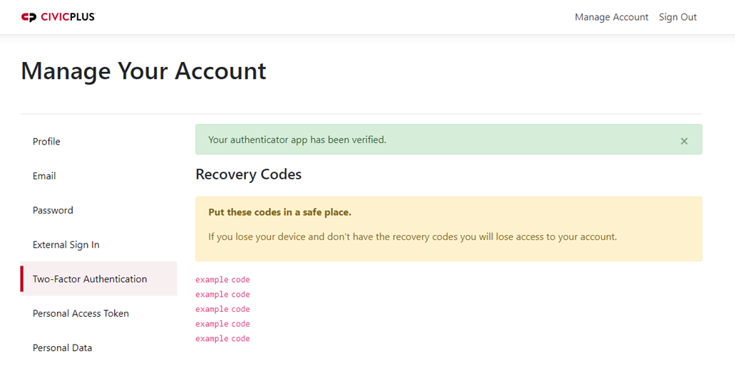 recovery codes