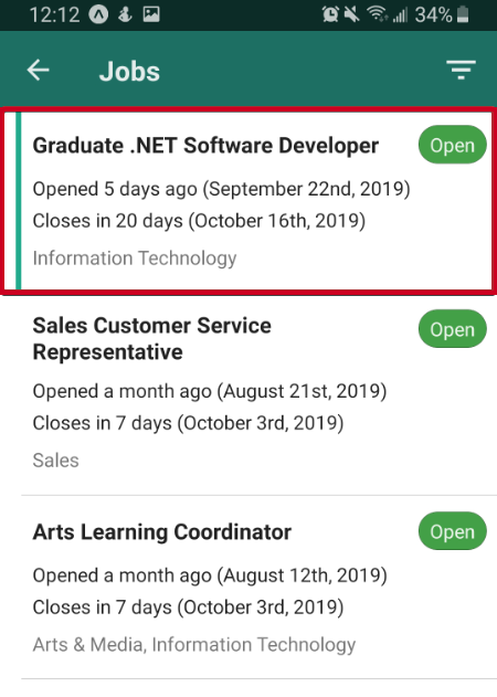 Tap on a Job card to view details.
