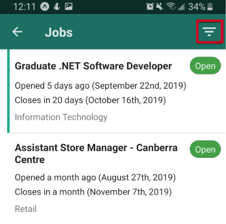 Mobile app, Jobs Module, Filters icon.