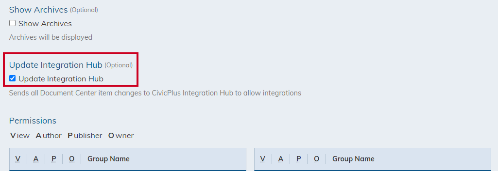 Document center module, update integration hub.