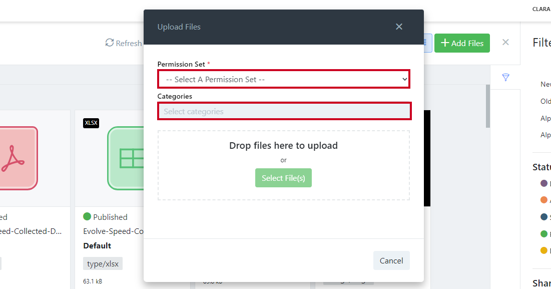 Permission set and categories fields.