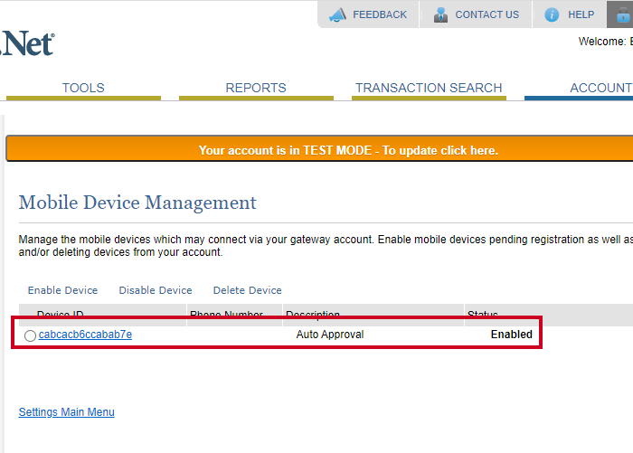 authorize.NET mobile device management