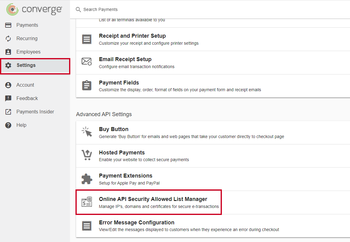 settings tab, online API security allowed list manager button