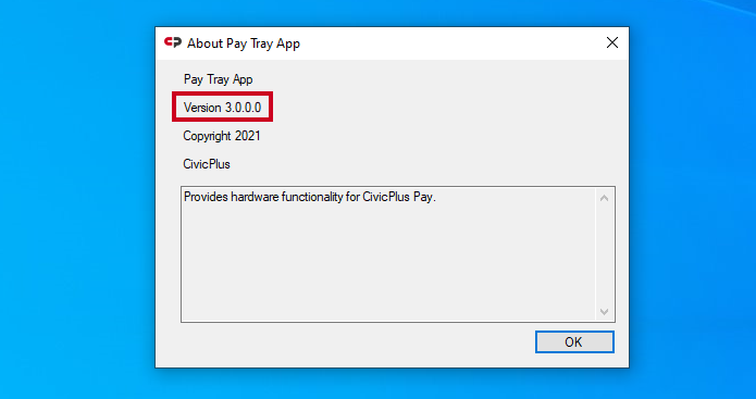 about pay tray app window, version number