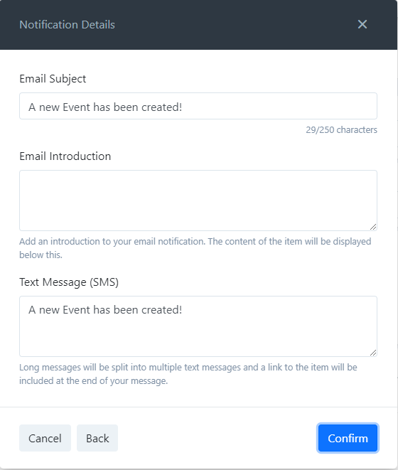 notification pop-up window, detail fields.