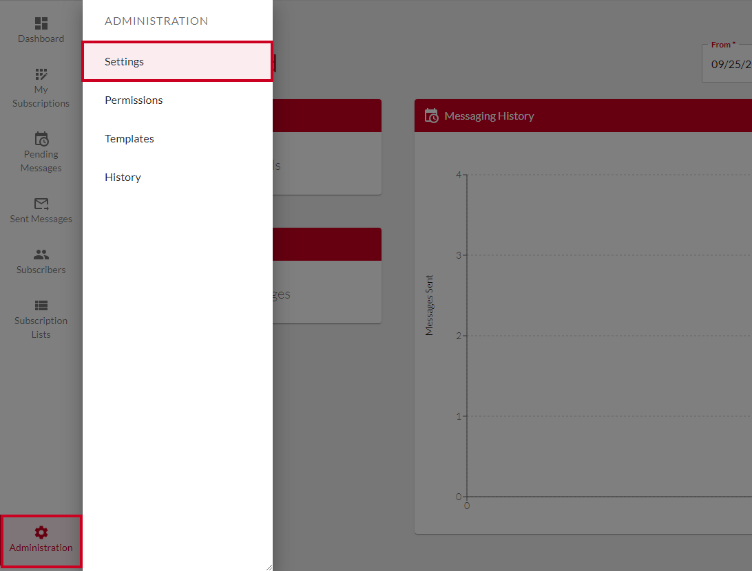 Settings option in the Administration menu.