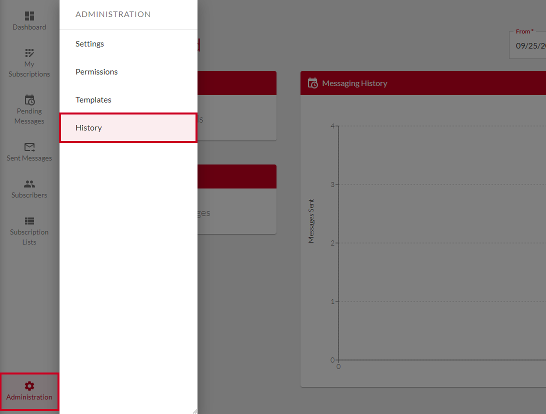 History option in the Administration menu.