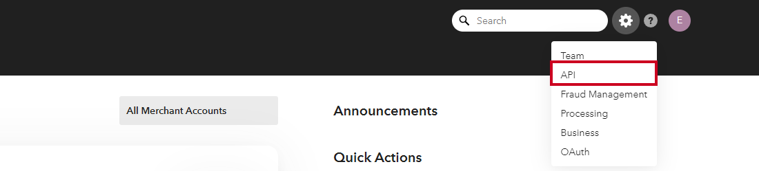 settings menu, API