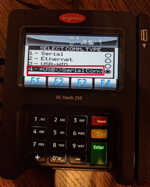 Ingenico iSC Touch 250 EMV device, four button for USB serial converter.