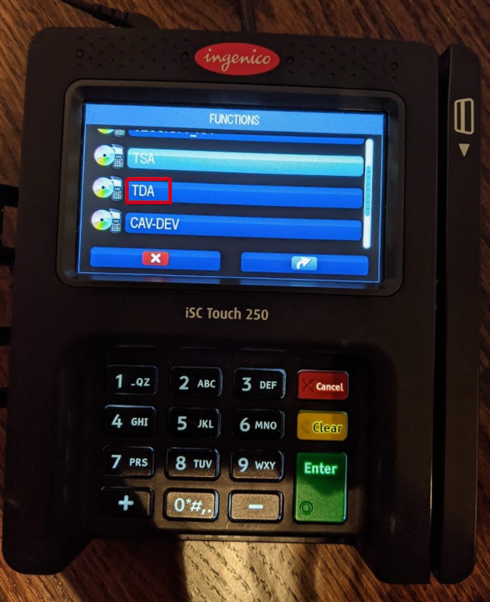 Ingenico iSC Touch 250 EMV device, menu screen TDA.