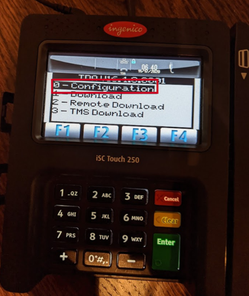 Ingenico iSC Touch 250 EMV device, zero button for configuration.