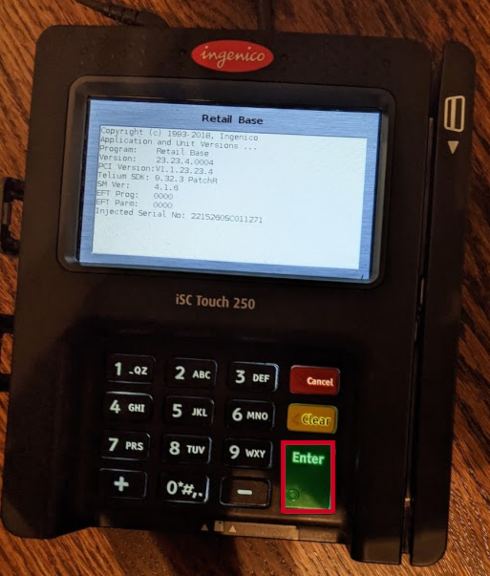 Ingenico iSC Touch 250 EMV device enter button.