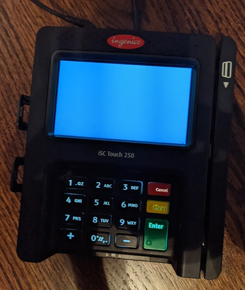 Ingenico iSC Touch 250 EMV device, startup screen.