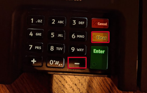 Ingenico iSC Touch 250 EMV device, minus and clear to reset.