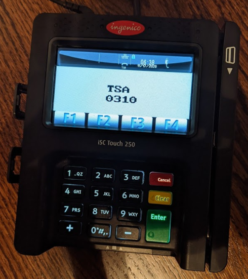 Ingenico iSC Touch 250 EMV device, TSA 0310 boot screen.