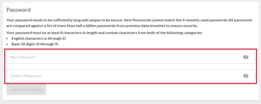New password fields.