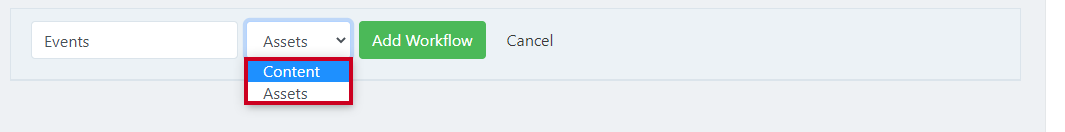 Content and assets options in dropdown.