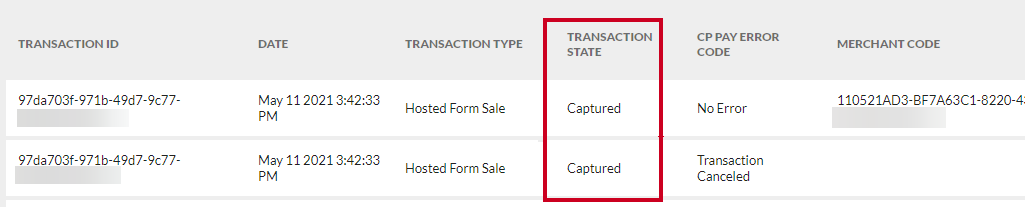 Transaction State column showing Captured state.