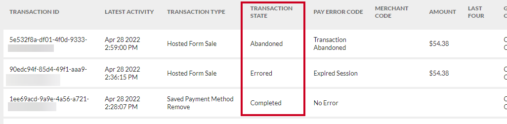 Transaction State column on Activity Log.