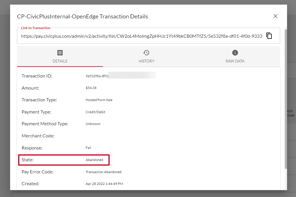 Transaction Details state.