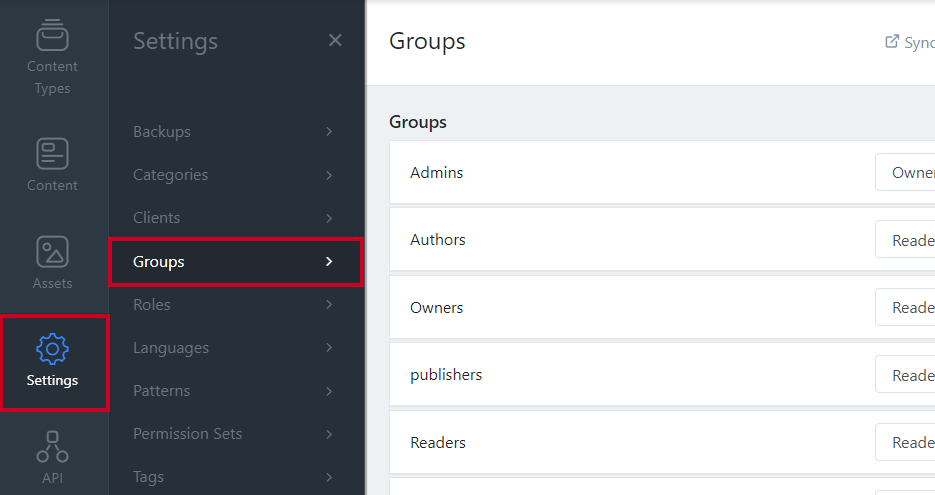 Settings tab in left navigation with Groups selected.