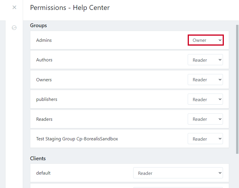 Role dropdown menu options for Groups and Clients.