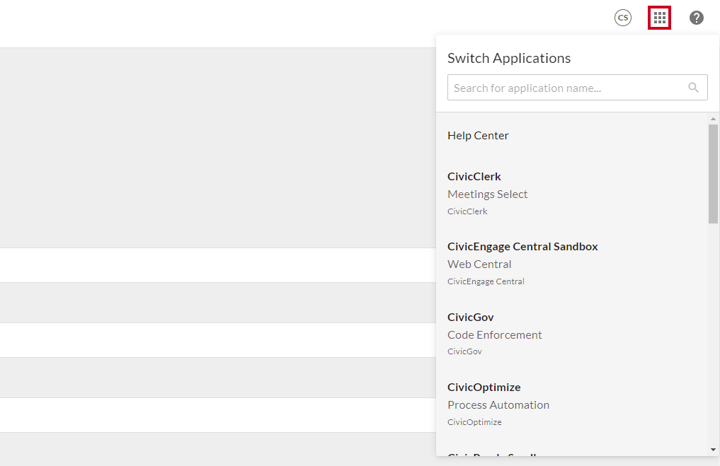 App switcher in the top right corner of the page.